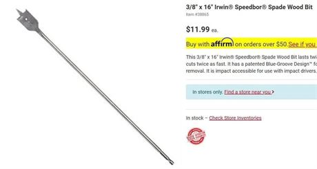 I*W*N SPADE BIT 3/8'' x 16''